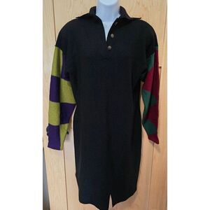 Vintage Long-Sleeve Colorblock Sweater Dress With Button-Neck & Geometric Patter